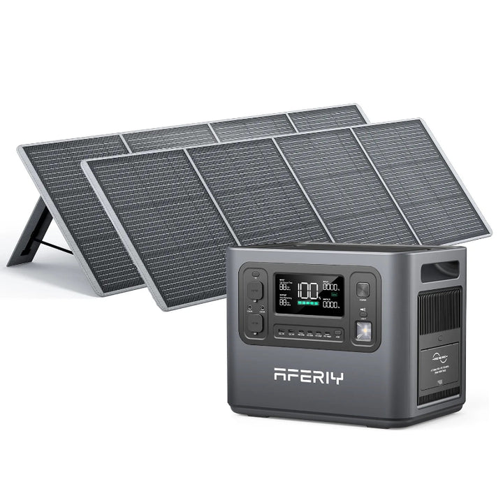 Aferiy P110 1200W Solar Generator Kit with power station and two extended solar panels in front, angled to capture sunlight, on a white background.