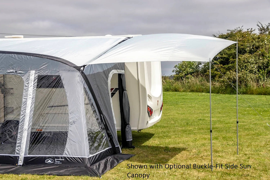 SunnCamp Swift Air 390 SC awning with an optional buckle-fit side sun canopy, clear front windows and a spacious shaded outdoor area.