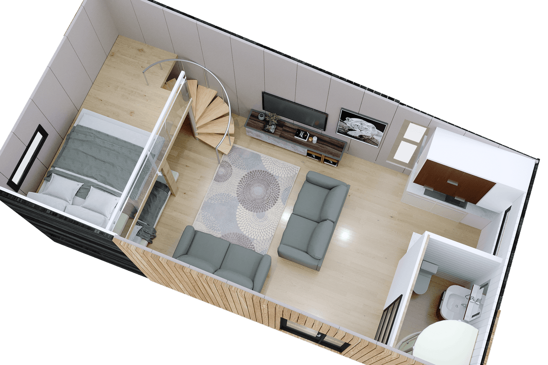 Top-down view of a small home layout showing a loft bedroom, spiral staircase, living room with two sofas, kitchen area, and bathroom.