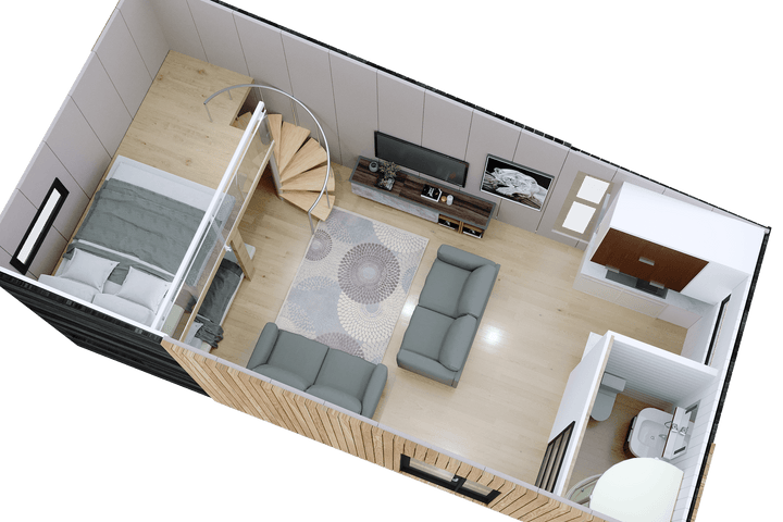 Top-down view of a small home layout showing a loft bedroom, spiral staircase, living room with two sofas, kitchen area, and bathroom.