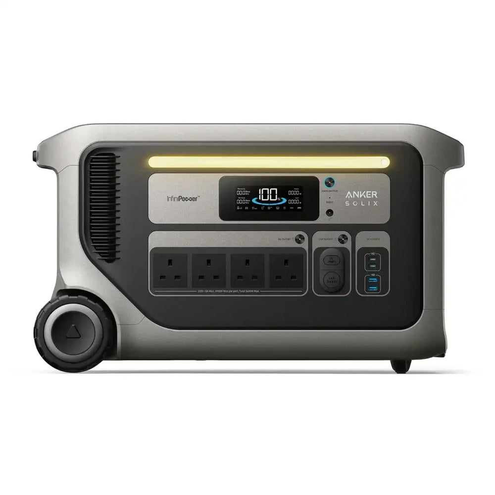 Anker SOLIX F3000 Portable Power Station front view showing the digital display, LED light bar, AC outlets, USB ports and wheels on a white background.