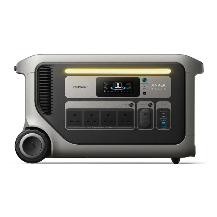 Anker SOLIX F3000 Portable Power Station front view showing the digital display, LED light bar, AC outlets, USB ports and wheels on a white background.