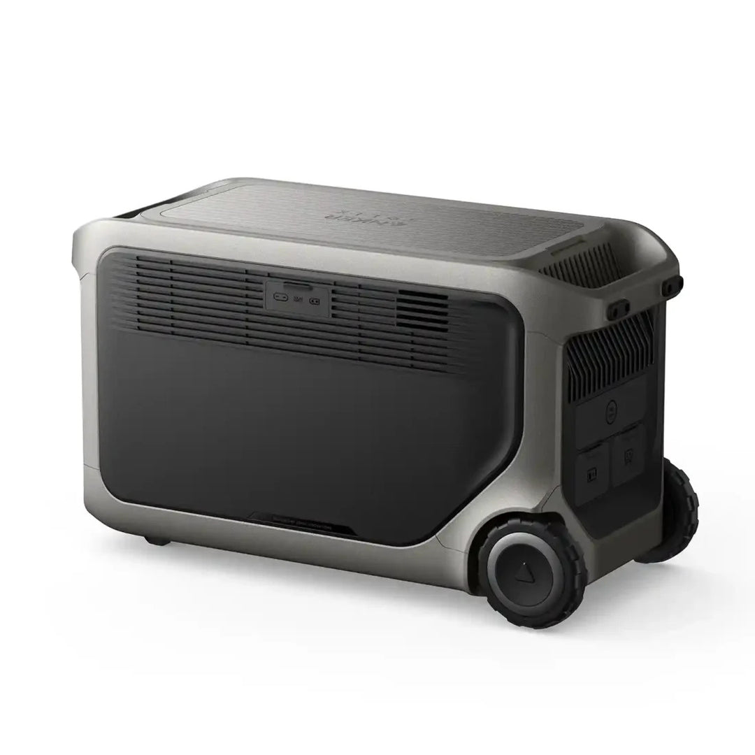 Anker SOLIX F3000 Portable Power Station rear three-quarter view showing the ventilation panels, textured top and rugged wheels on a white background.