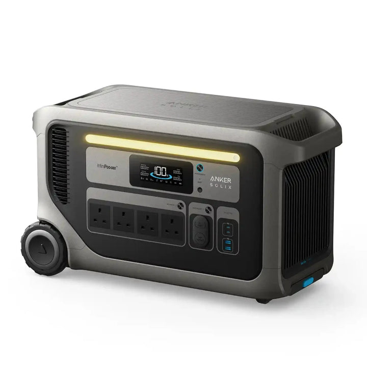 Anker SOLIX F3000 Portable Power Station angled front view showing its control panel, illuminated LED light bar, multiple outlets and side ventilation on a white background.