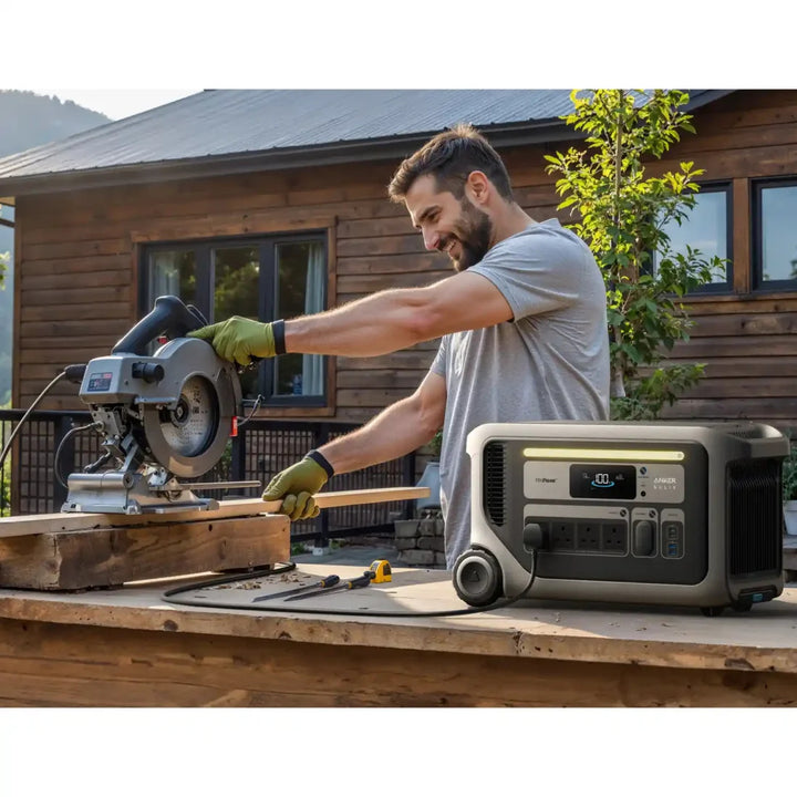 Anker SOLIX F3000 Portable Power Station powering tools during an outdoor woodworking project beside a wooden cabin.