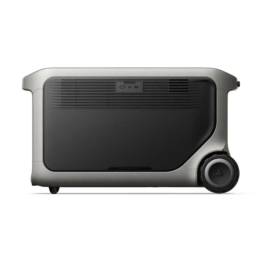 Anker SOLIX F3000 Portable Power Station straight rear view showing its large ventilation panel and integrated wheel on a white background.