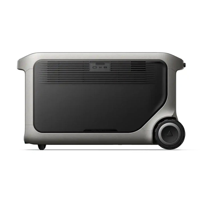 Anker SOLIX F3000 Portable Power Station straight rear view showing its large ventilation panel and integrated wheel on a white background.