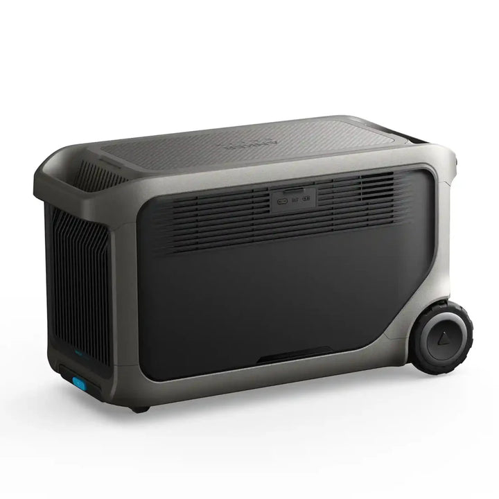 Anker SOLIX F3000 Portable Power Station rear three-quarter view highlighting its ventilation grilles, durable housing and integrated wheels on a white background.