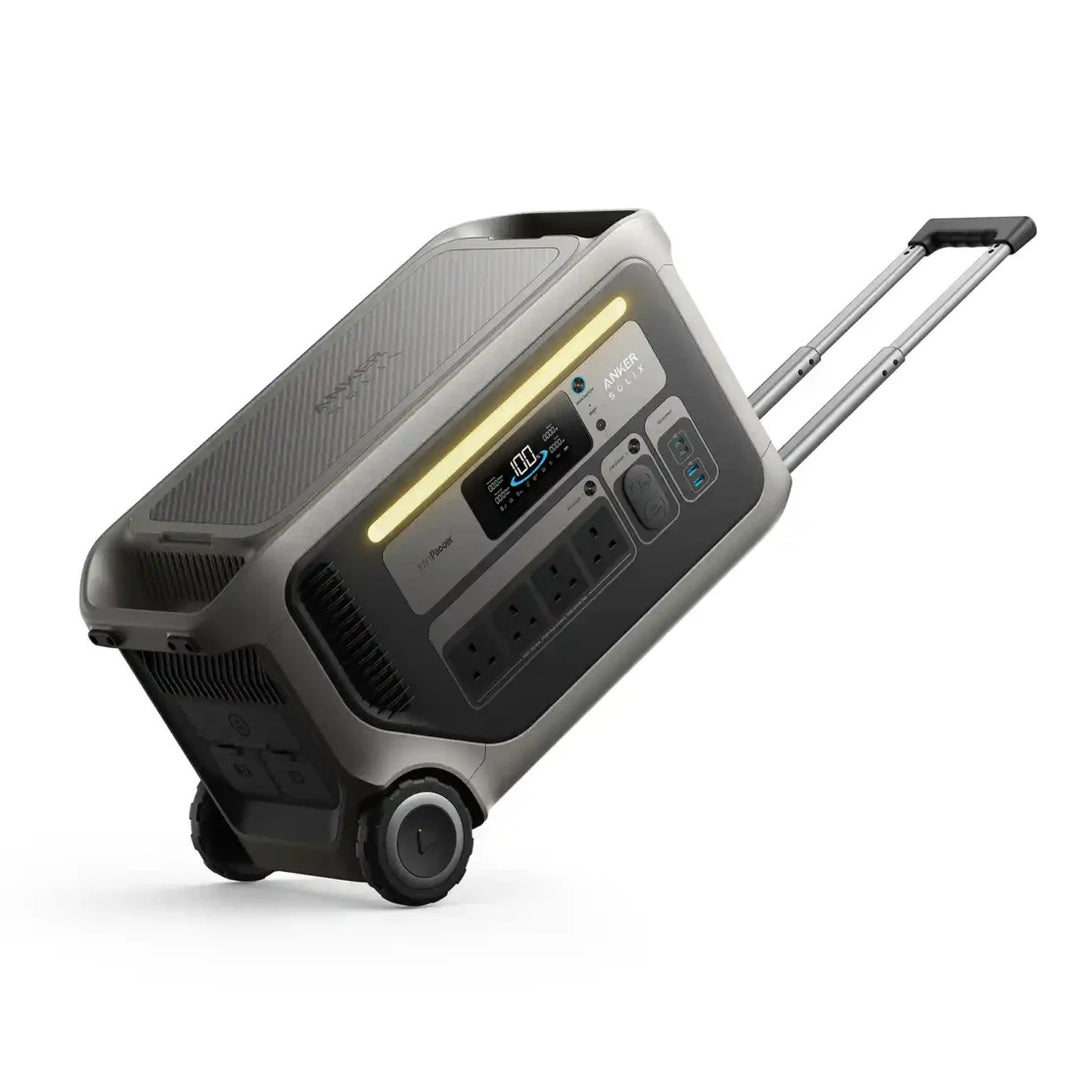 Anker SOLIX F3000 Portable Power Station with its telescopic pull handle extended, showcasing its suitcase-style portability and integrated wheels on a white background.