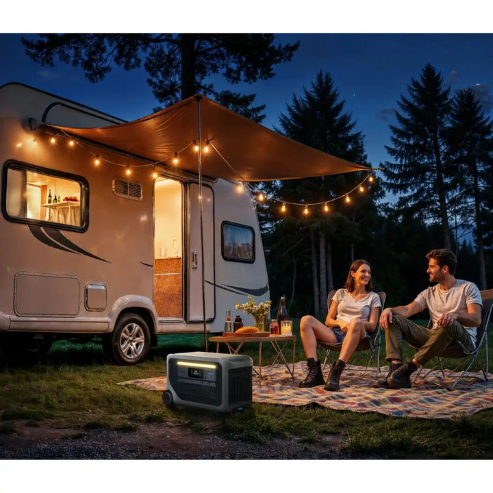 Anker SOLIX F3000 Portable Power Station powering a campsite setup beside a caravan under string lights at night.