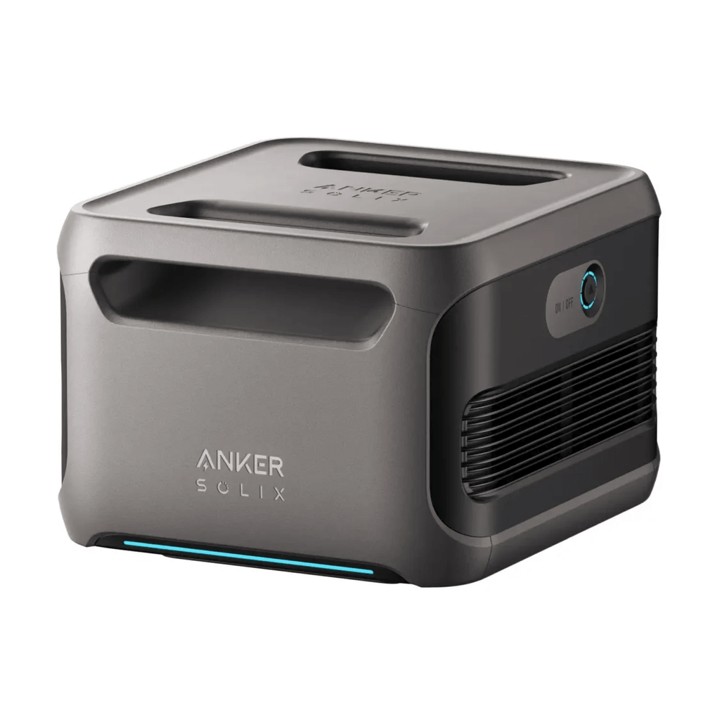 Anker Solix F3800 Portable Power Station angled rear view showing power button on a white background.