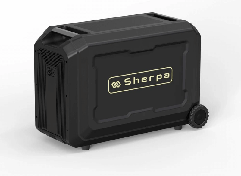 Side profile view of Sherpa Base 5.0 – prominently displaying the Sherpa brand logo in yellow, with a sturdy handle and reinforced frame for transport, with white background.