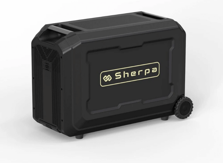 Side profile view of Sherpa Base 5.0 – prominently displaying the Sherpa brand logo in yellow, with a sturdy handle and reinforced frame for transport, with white background.