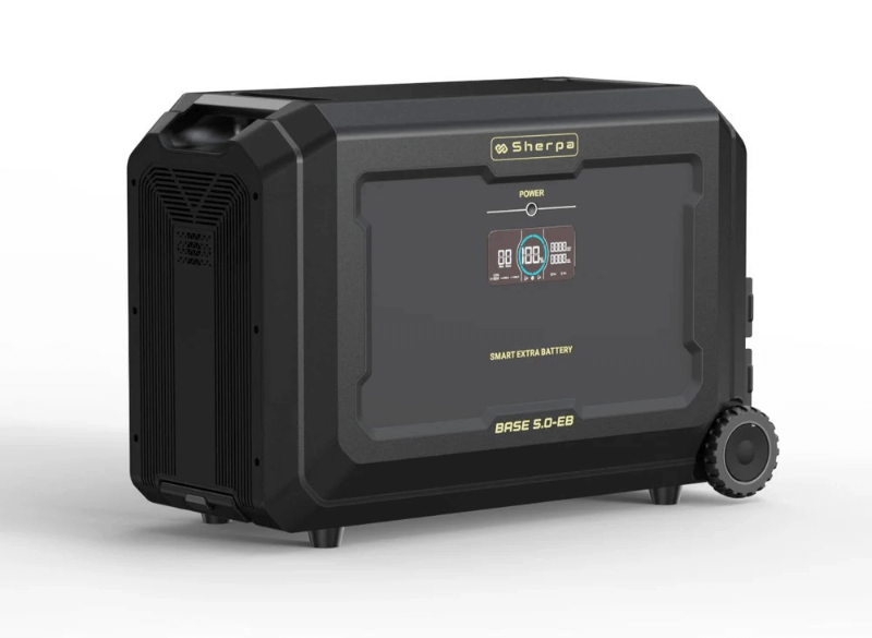 Clean side profile of the battery with one wheel in the foreground, highlighting the display screen and “Smart Extra Battery” label in the center, on white background.
