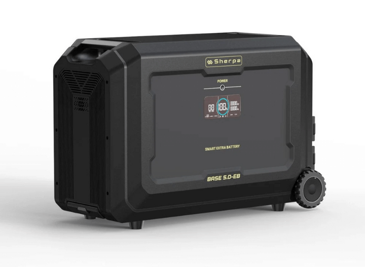 Clean side profile of the battery with one wheel in the foreground, highlighting the display screen and “Smart Extra Battery” label in the center, on white background.