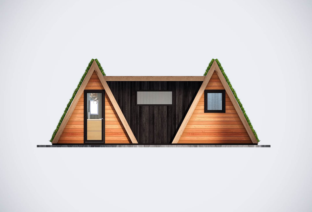 Studio render of the Willow Point Duo glamping unit with grass-covered A-frame ends and black central wall,  on a white background.