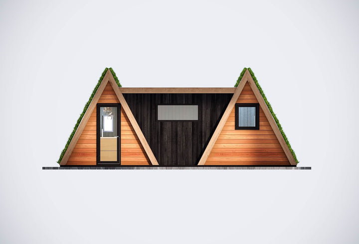 Studio render of the Willow Point Duo glamping unit with grass-covered A-frame ends and black central wall,  on a white background.