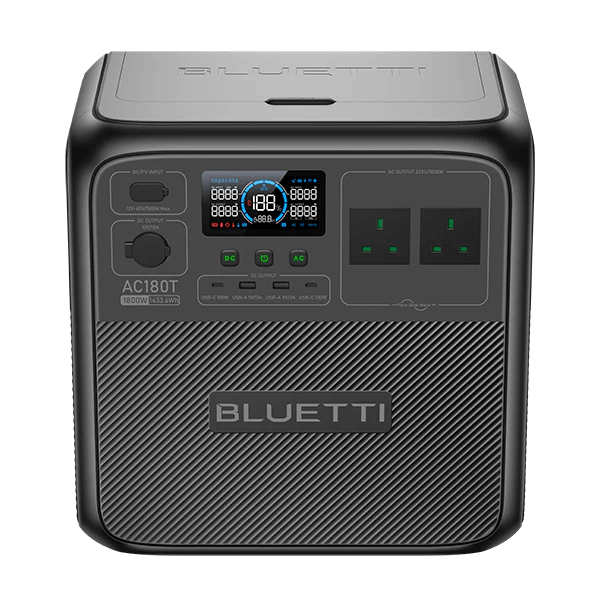 Bluetti AC180T power station viewed from above at an angle, highlighting the top panel and display screen, on a transparent background.