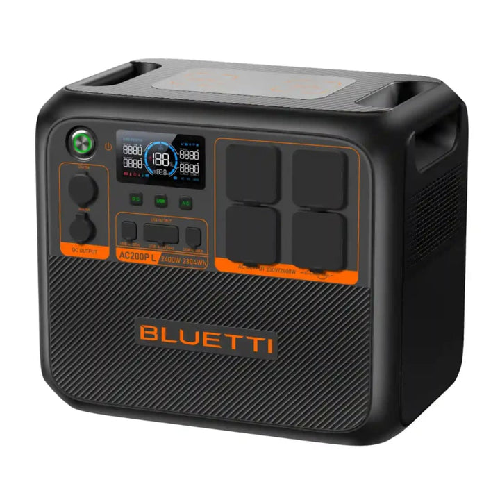The Bluetti AC200P L portable power station angled slightly to the right, displaying its control panel and sturdy handles, on a white background.