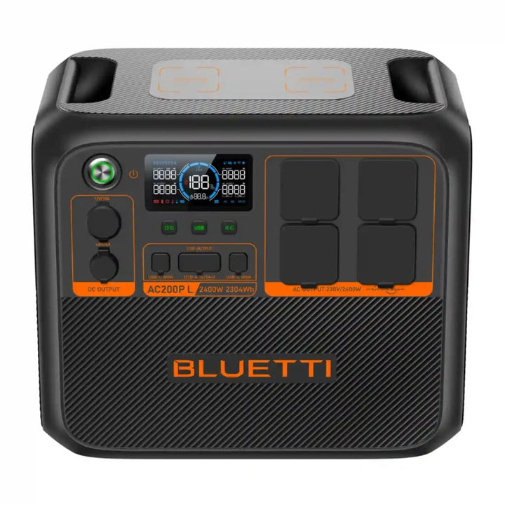 A front-facing image of the Bluetti AC200P L with all ports and display visible, highlighting its user-friendly interface, on a white background.