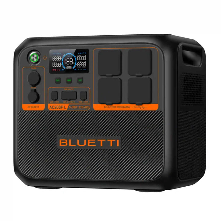 A side view of the Bluetti AC200P L showing all its ports and compact design, placed on a white background.