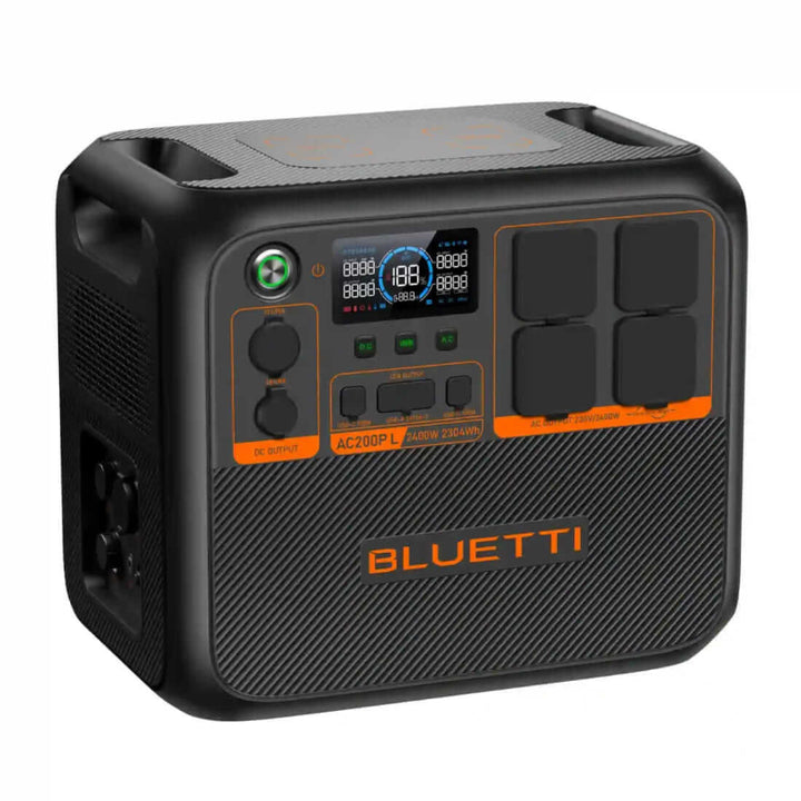 A three-quarter view of the Bluetti AC200P L, featuring the DC and USB output ports along with its branding in orange, on a white background.