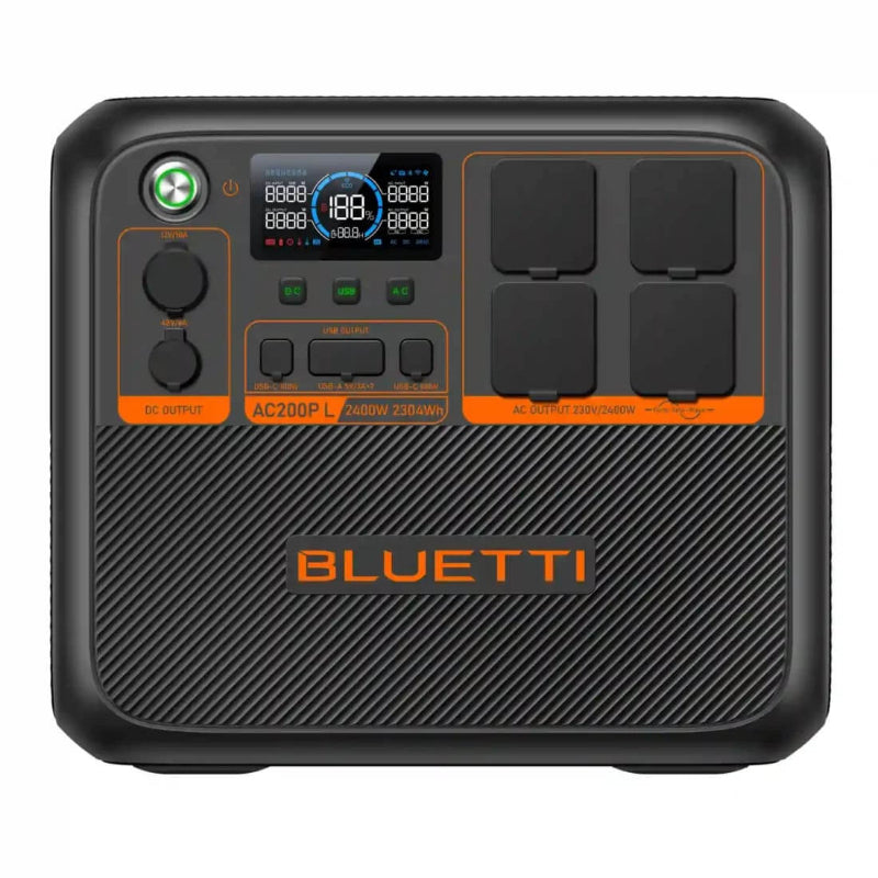 Top-down front view of the Bluetti AC200P L, highlighting the dual carrying handles and control panel, on a white background.