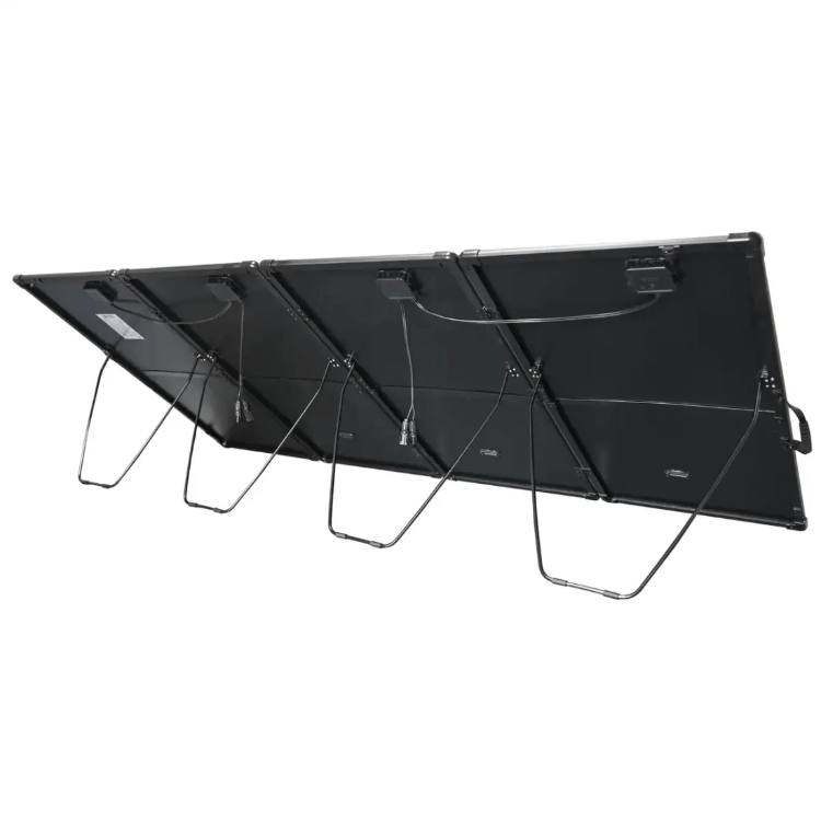 Rear view of the Bluetti 400W solar panel with foldable kickstands and visible wiring, on a white background. 
