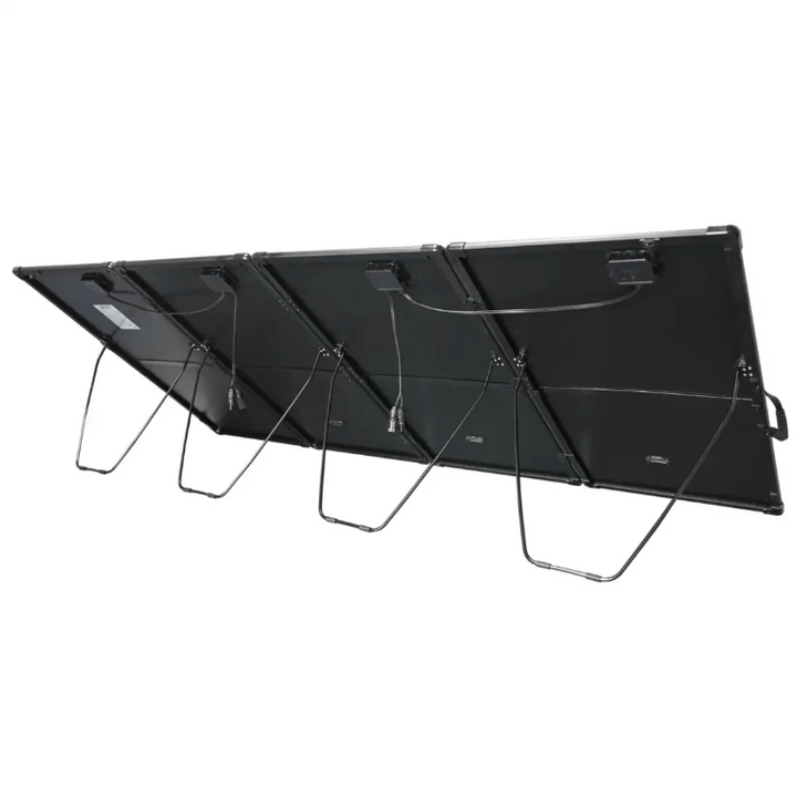 Rear view of the Bluetti 400W solar panel with foldable kickstands and visible wiring, on a white background. 
