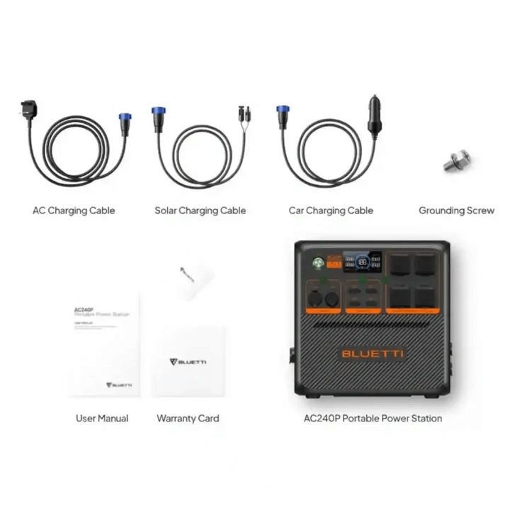Bluetti AC240P portable power station package contents including AC charging cable, solar charging cable, car charging cable, grounding screw, user manual, warranty card, and the power station unit — on a white background