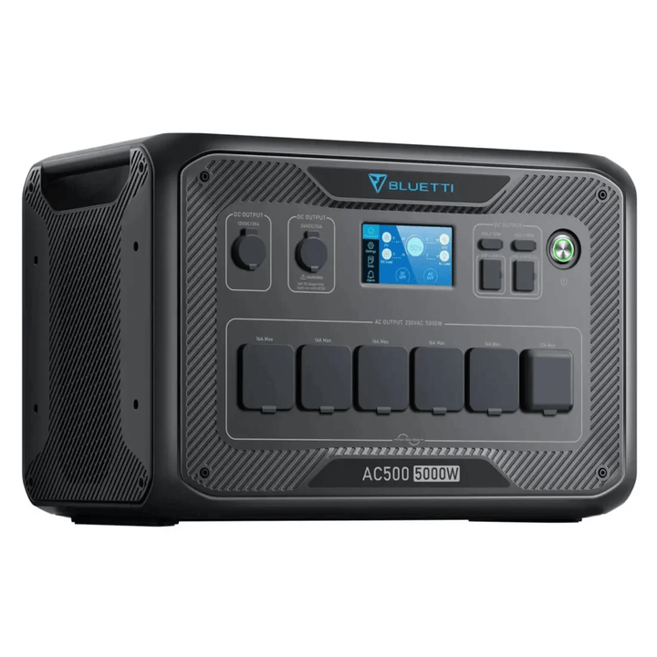 Bluetti AC500 5000W inverter module angled to the right, displaying ports and touchscreen on a white background.