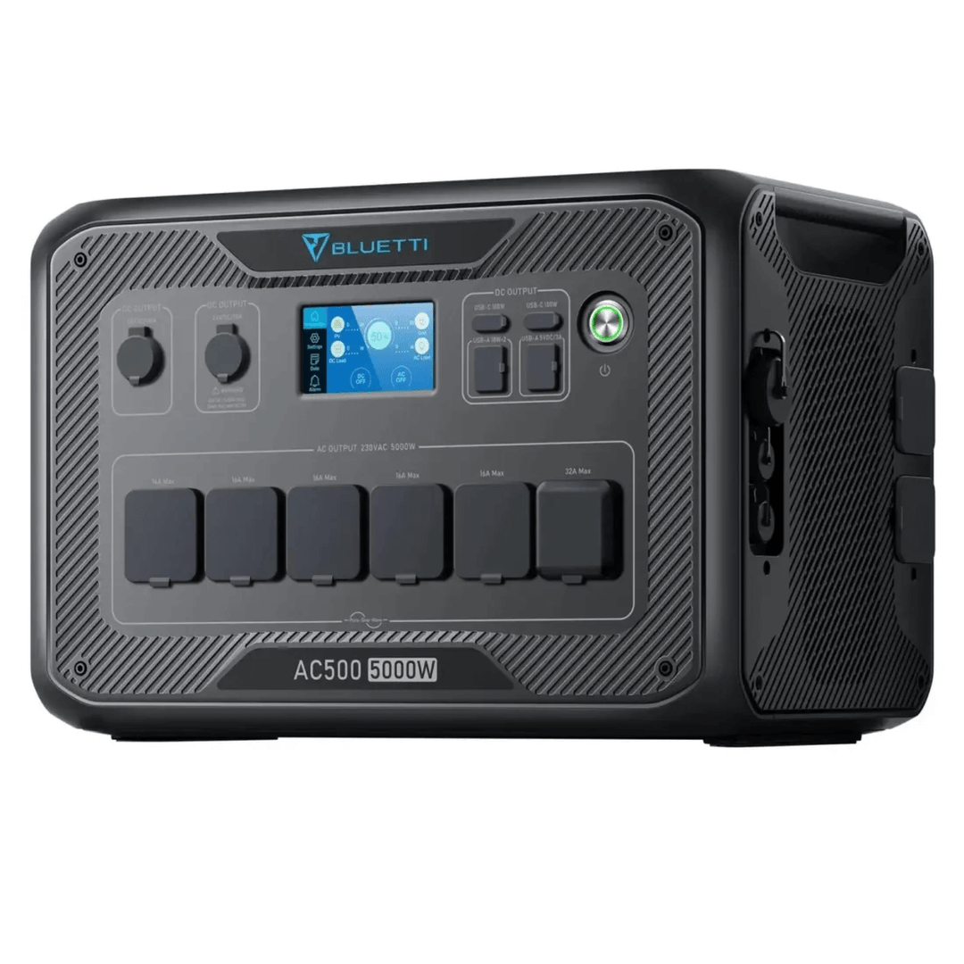 Bluetti AC500 inverter module showing front control panel and side handle on a white background.