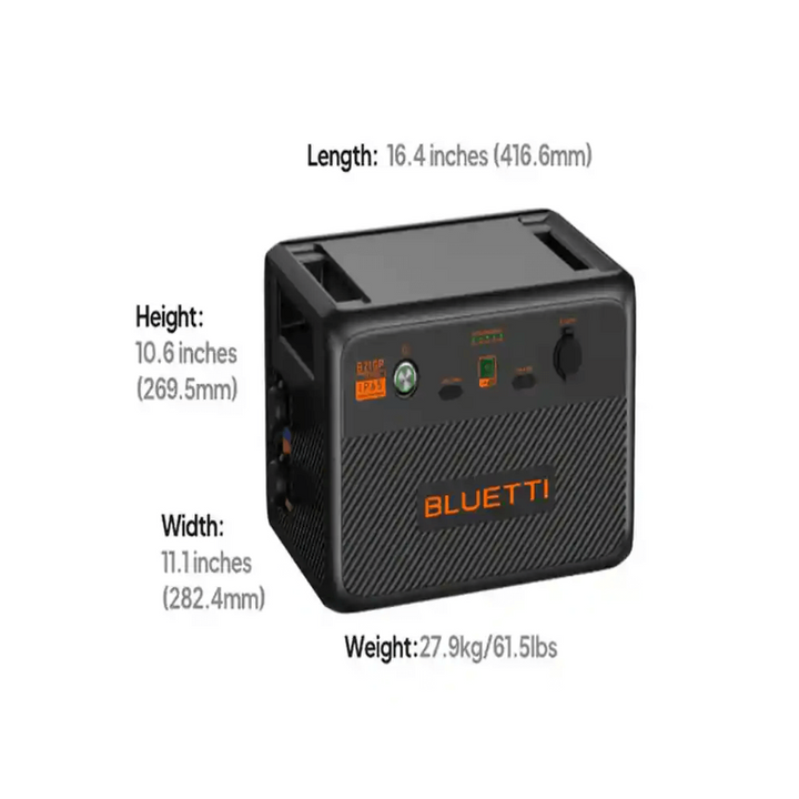 Bluetti B210P extra battery showing height, width, length, and weight measurements on a white background.