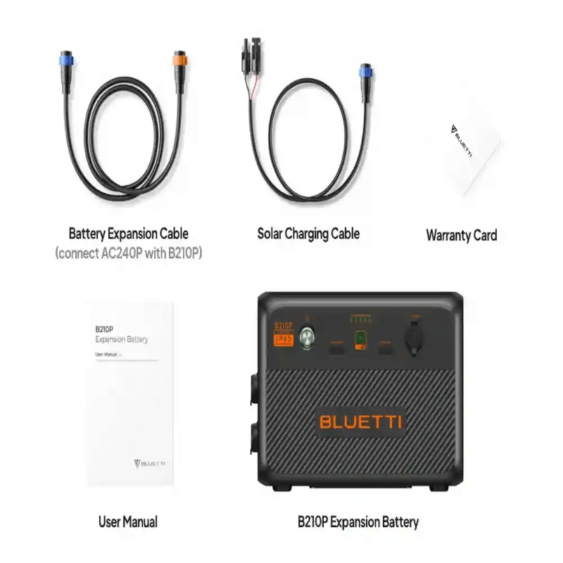 Bluetti B210P expansion battery kit on a white background, including battery expansion cable, solar charging cable, warranty card, user manual, and the B210P unit.
