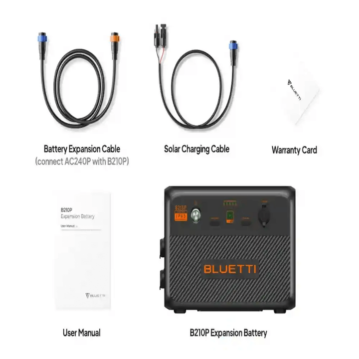 Bluetti B210P expansion battery kit on a white background, including battery expansion cable, solar charging cable, warranty card, user manual, and the B210P unit.