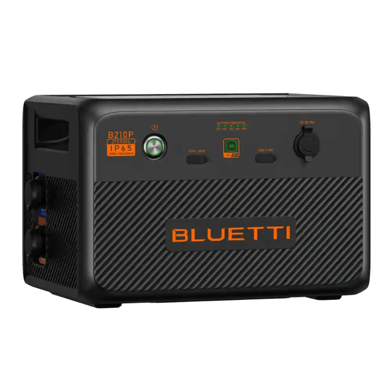 Angled front-left view of the Bluetti B210P extra battery showing control buttons and indicator lights, on a transparent background.