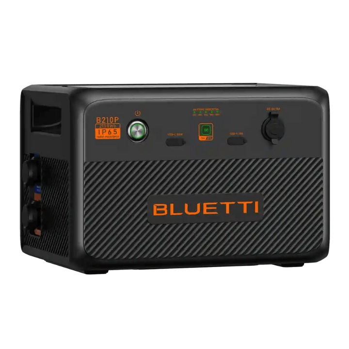 Angled front-left view of the Bluetti B210P extra battery showing control buttons and indicator lights, on a transparent background.