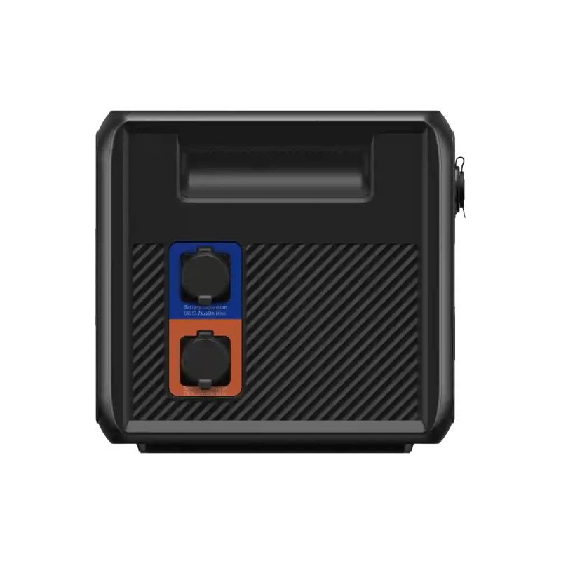 Side view of the Bluetti B210P expansion battery highlighting power input/output ports, on a transparent background.