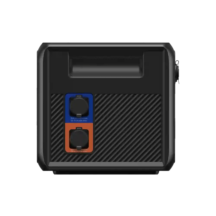 Side view of the Bluetti B210P expansion battery highlighting power input/output ports, on a transparent background.