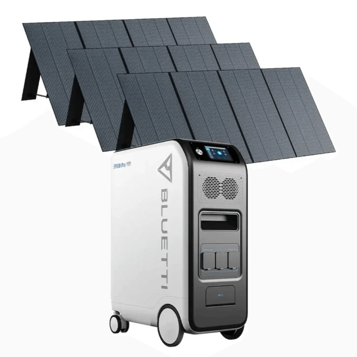 Bluetti EP500Pro with three solar panels mounted behind it in a standing position, on a white background.