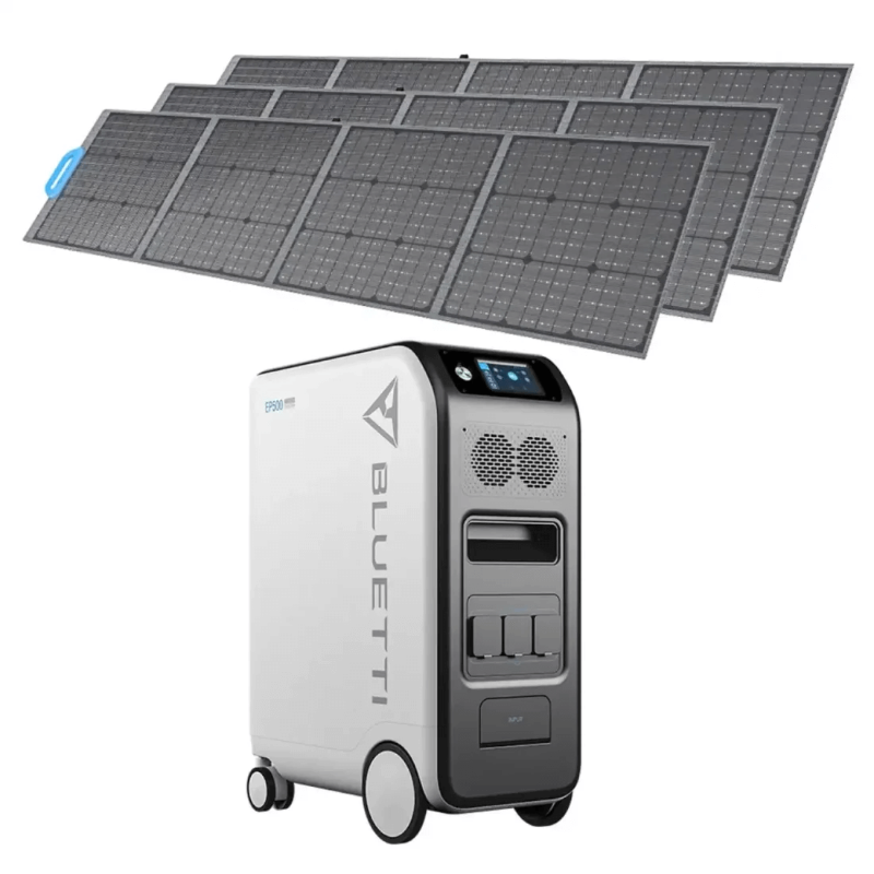 Bluetti EP500Pro with three portable solar panels laid out flat behind it, on a white background.