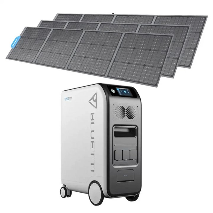 Bluetti EP500Pro with three portable solar panels laid out flat behind it, on a white background.