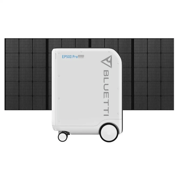 Bluetti EP500Pro portable power station with solar panels unfolded behind it, on a white background