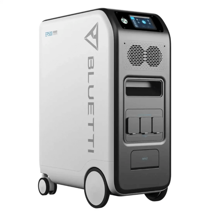 Front angled view of Bluetti EP500Pro showing display screen and multiple AC outlets, on a white background