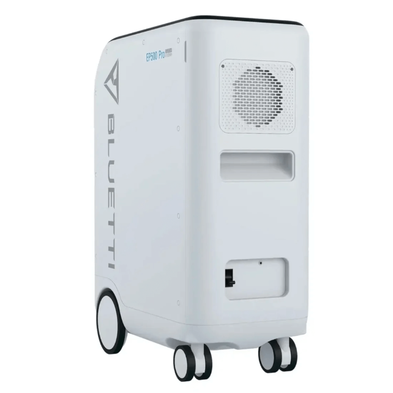Rear angled view of Bluetti EP500Pro showing ventilation grille and input ports, on a white background.