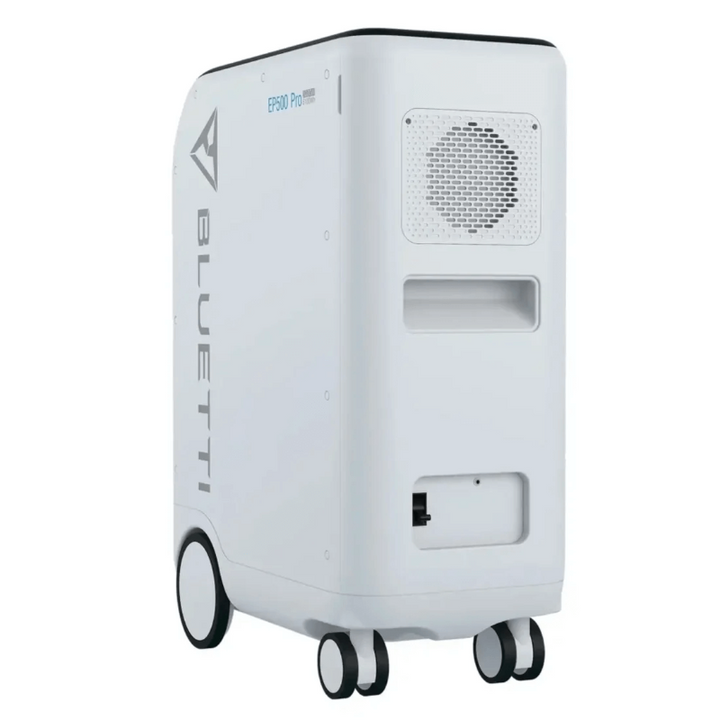 Rear angled view of Bluetti EP500Pro showing ventilation grille and input ports, on a white background.