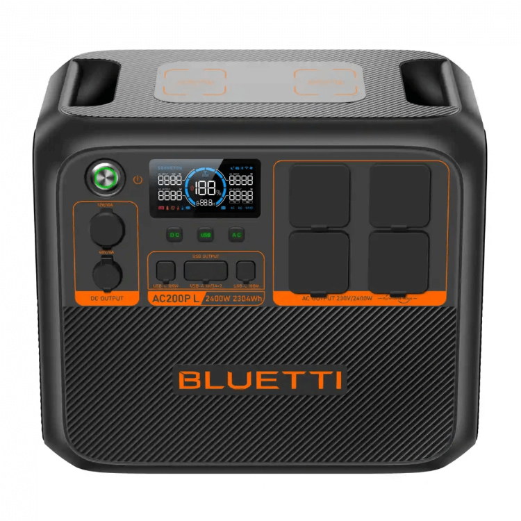 Top-front view of the Bluetti AC200P power station highlighting port labels and digital screen, on a white background.