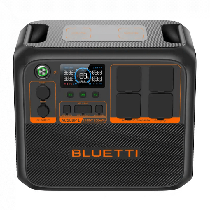 Top-front view of the Bluetti AC200P power station highlighting port labels and digital screen, on a white background.