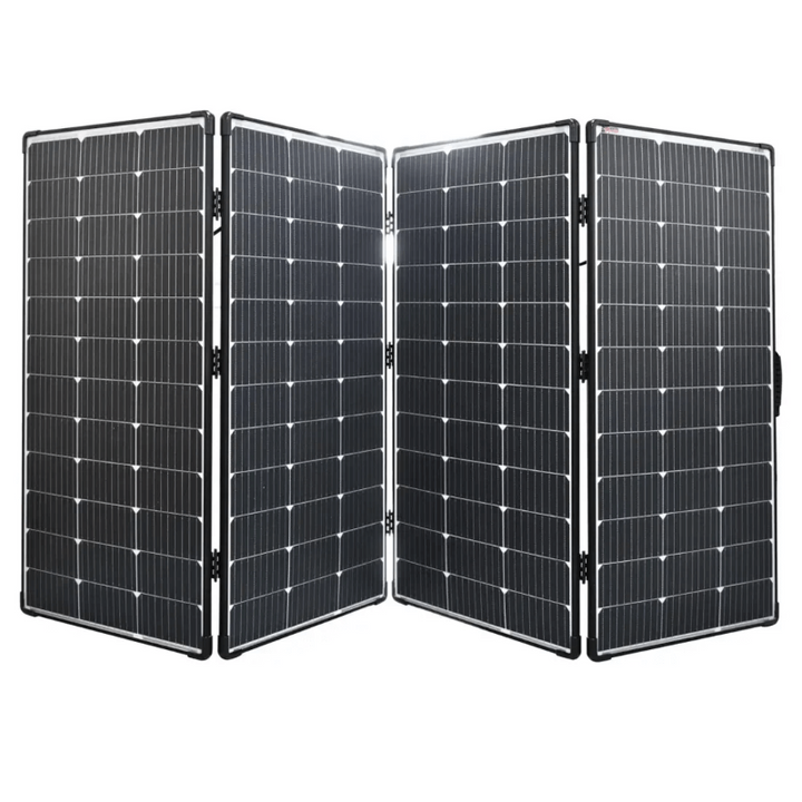 Bluetti 440W foldable solar panel in an upright position, designed for portable solar charging, on a white background.