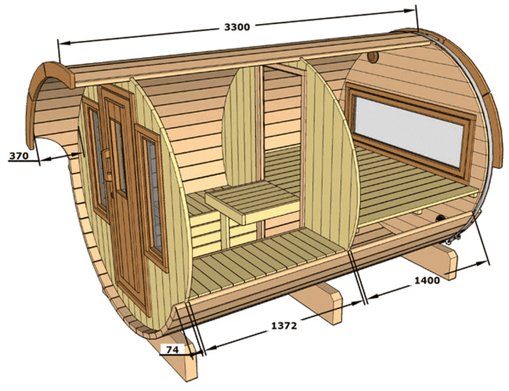 A technical illustration of the InMedias Camping Barrel 330 cabin showing interior dimensions and sectional views, drawn on a white background.